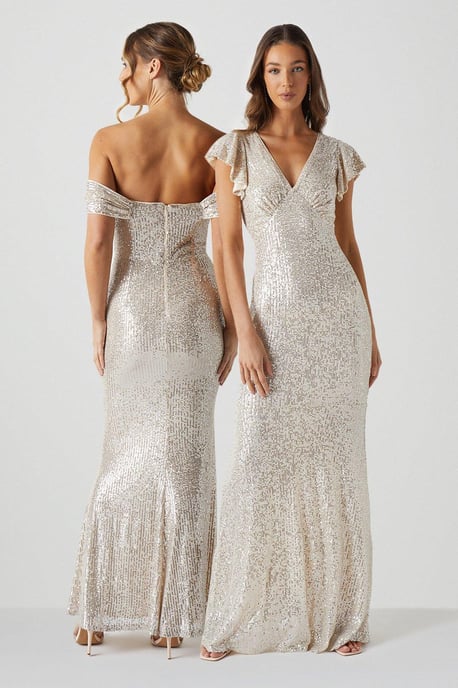 V Neck Angel Sleeve Sequin Maxi Bridesmaids Dress