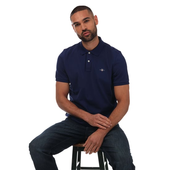 Men's Gant Regular Fit Shield Pique Polo in Navy - Image 4