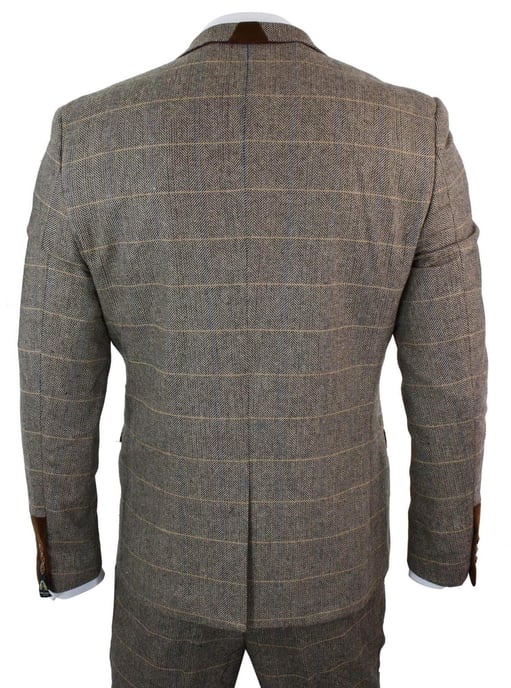 Heren 3-delig bruin visgraat tweed geruit pak - Image 6
