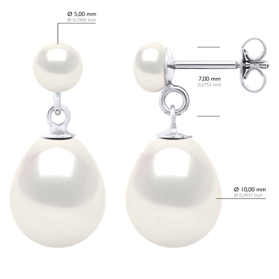 Double Earrings White Gold - Real Cultured Freshwater Pearls Button 5-6 mm + Pear 10-11 mm