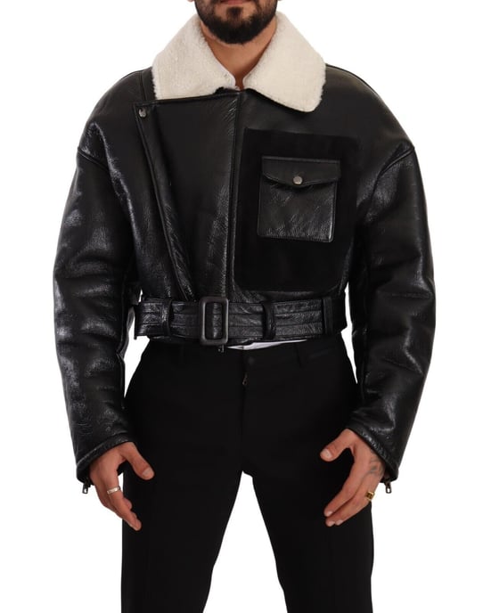 Dolce & Gabbana Heren Zwarte Leren Shearling Bikerjas - Image 1
