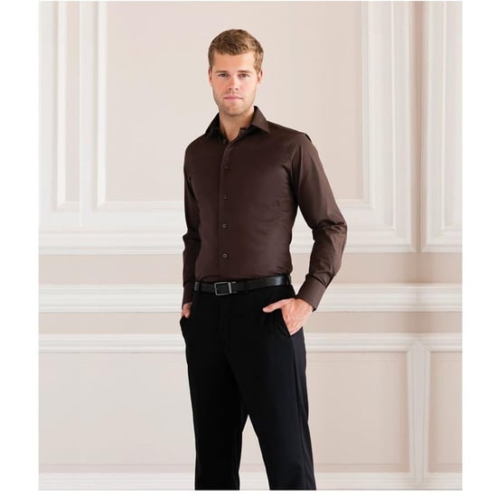 Russell Collectie Heren Lange Mouwen Gemakkelijk Onderhoud Aangepast Shirt (Chocolade) - Image 5