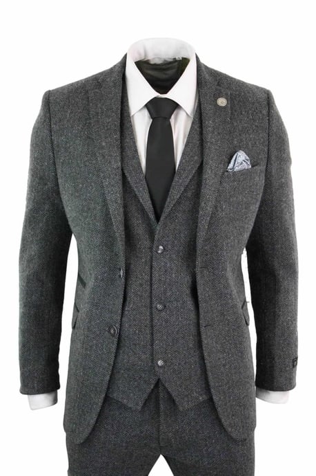 Heren 3-delige Antracietgrijze Haringbone-Tweed Streeppak - Image 1