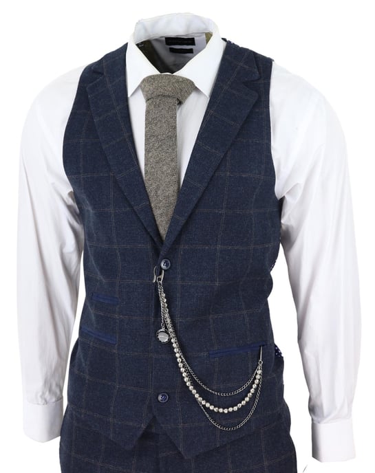 Heren 3-delige Wollen Pak Marineblauw Tweed Ruit Peaky Blinders 1920 Gatsby Formeel - Image 5