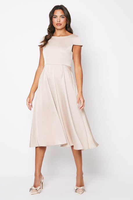 Scoop Neck Cap Sleeve Satin Midi Dress - Image 1