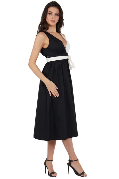 Zwart met contrast witte poplin tie taille midi jurk - Image 2