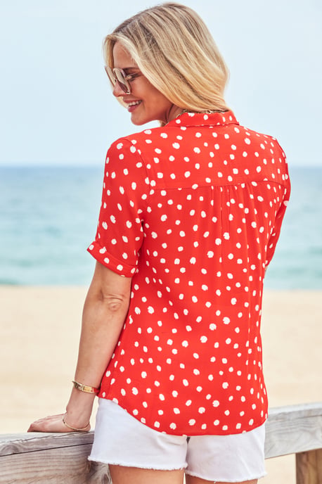 Red & White Spot Print Short Sleeve Relaxed Fit Shirt