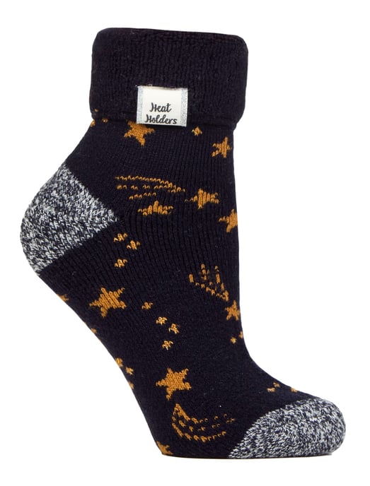 Dames Cosy Sokken met Omgeslagen Boord | Heat Holders | Warme Fluffige Lounge Sokken voor de Winter - Marineblauw/Gouden Sterren - Image 1