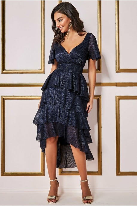 Crinkle Lurex High Low Layered Midi Dress