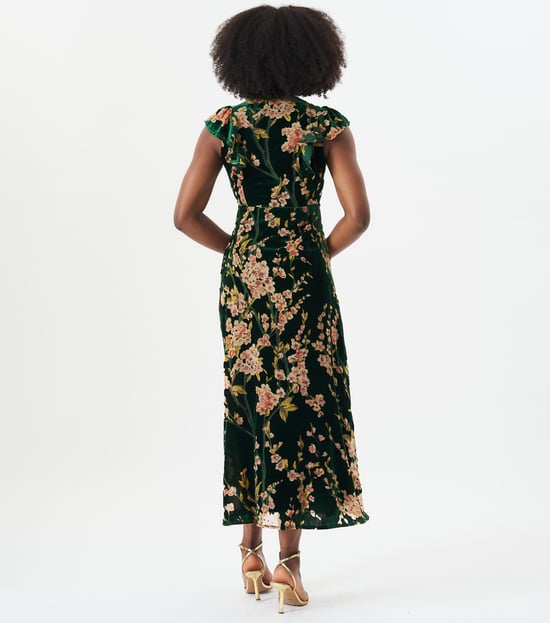 Green Floral Devore Ruffle V Neck Midaxi Dress