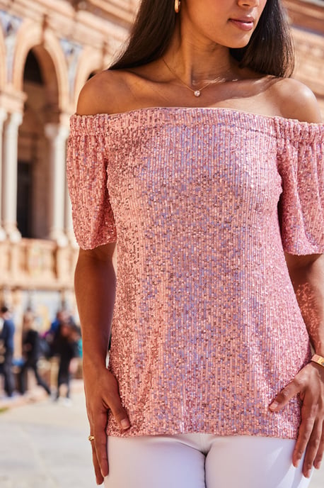 Pink Sequin Bardot Short Sleeve Top