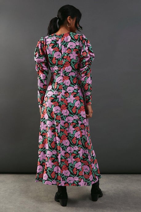 Floral Viscose V Neck Long Puff Sleeve Midi Dress - Image 3