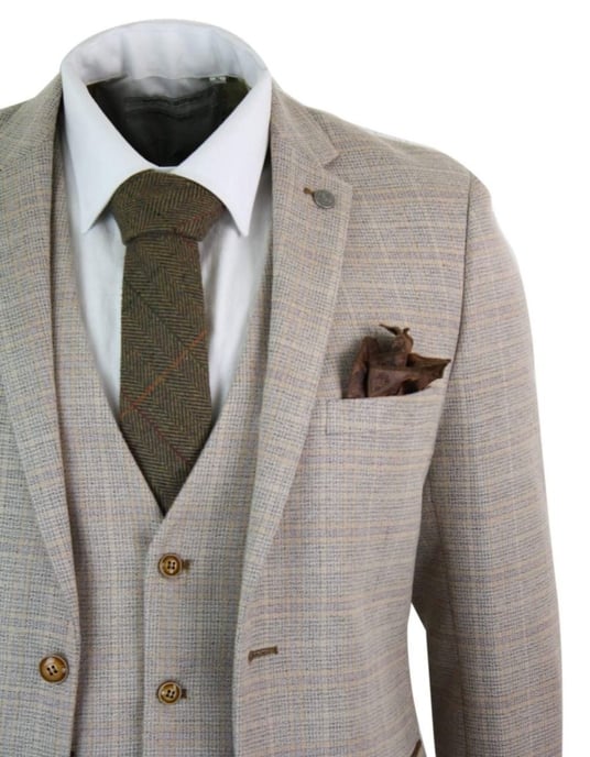 Heren 3-delige Beige Tweed Ruit Vintage Retro Kostuum - Image 6