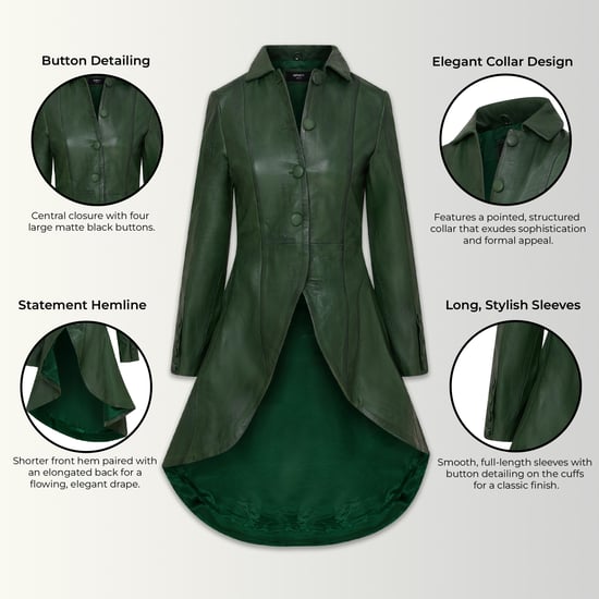Womens Green Gothic Full Length Victorian Leather Coat - Vantaa
