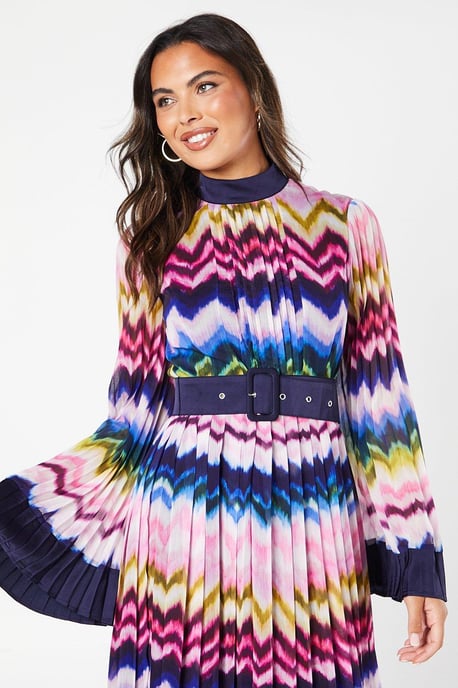 Stripe Print Pleated Long Sleeve Midi Dress