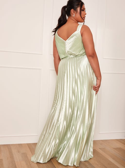 Plus Size Satin Pleated Wrap Maxi Dress in Mint