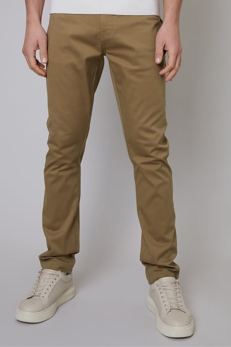 Light Brown 'Ego' Cotton Slim Fit 5 Pocket Chino Trousers With Stretch