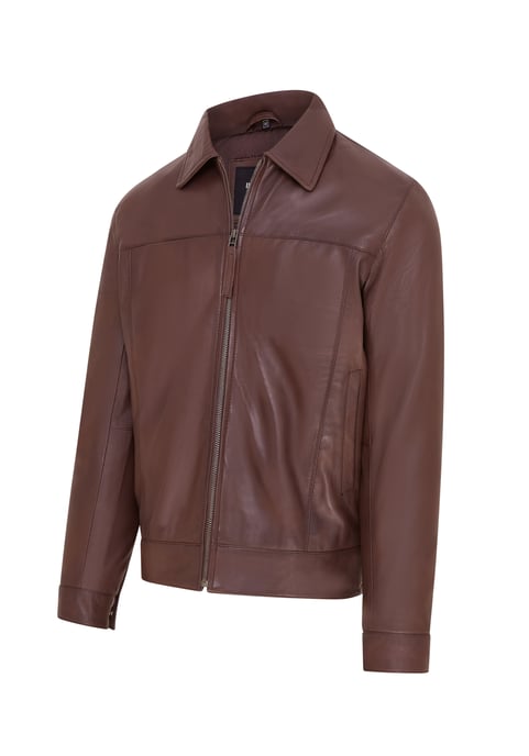 Mens Brown Retro Classic Leather Harrington Biker Jacket - Drammen