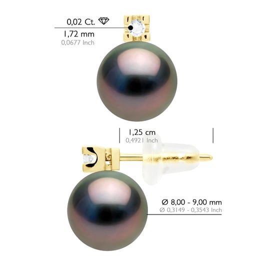 Earrings Prestige - Diamonds 0,04 Cts - in Yellow Gold 750 and Real Cultured Tahiti Pearls Round 8-9 mm