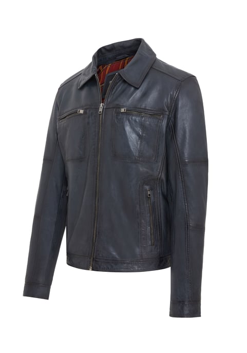 Mens Blue Classic Leather Biker Jacket - Bettles