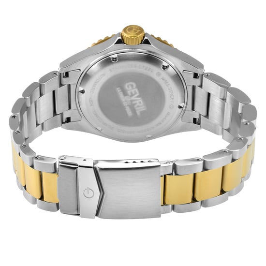 Gevril Mens Wall Street Swiss Automatic Sellita SW200 Black Enamel Dial, SS/IPYG Satin and Polished Bracelet Watch