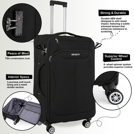 Black Soft Shell Suitcase 8 Wheel Luggage Travel TSA Light Carry On Cabin Bag