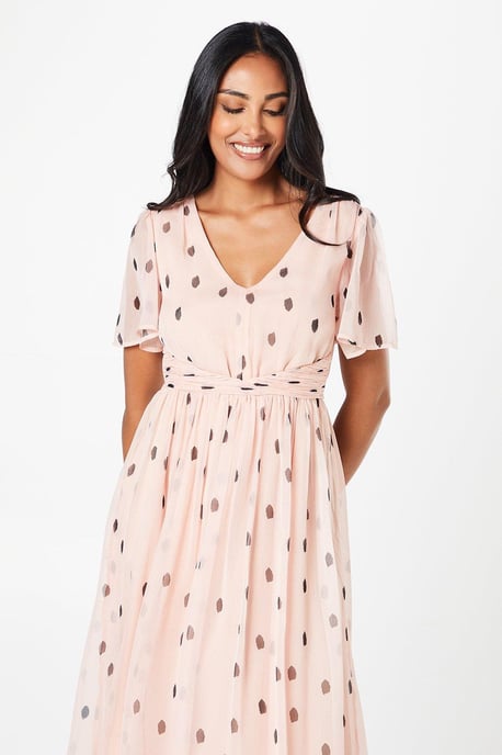Petite Spot Pleated Waist Midi Dress
