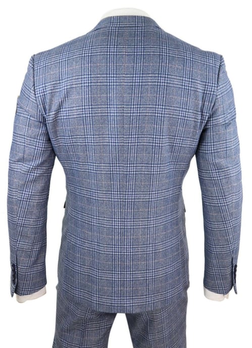 Heren 3-delige Blauw Grijze Tweed Check Vintage Retro Pak - Image 3