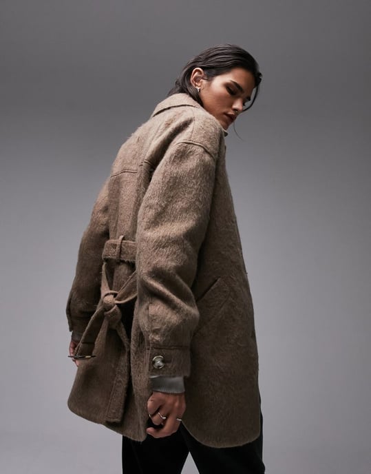 Topshop belted brushed shacket in mink