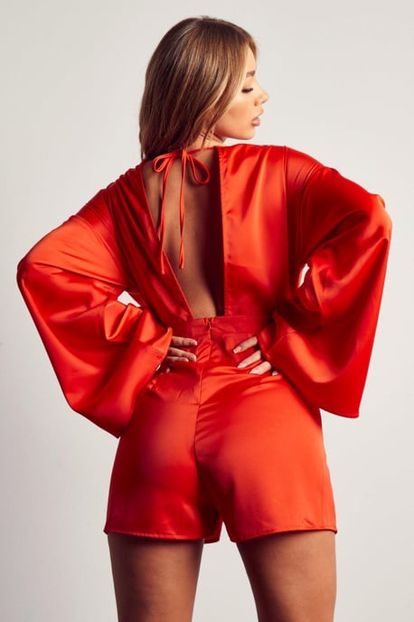 Ruched Shoulder Tie Back Satin Playsuit