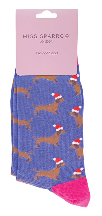 Miss Sparrow - 2 Paar Dames Kerst Sausage Dog Sokken, Sokken met Teckel Motief - Santa Dog (Denim) - Image 2