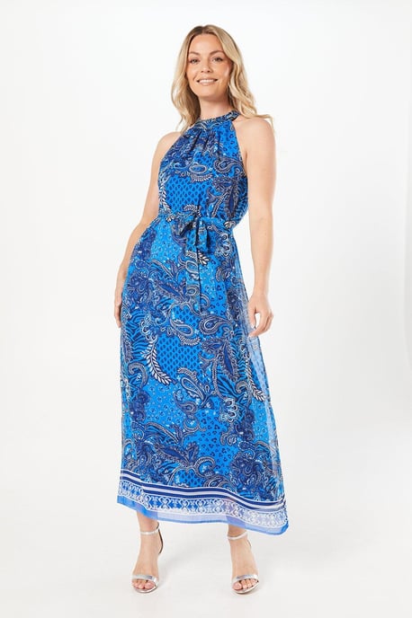 Blue Paisley Border Print Belted Midi Dress - Image 1