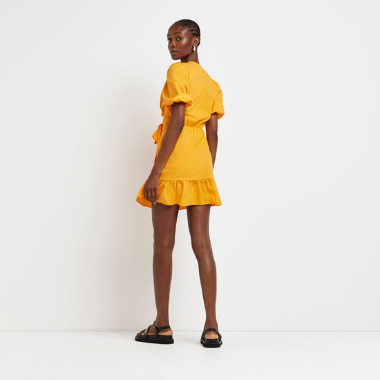 River Island Womens Wrap Mini Dress Orange Frill Short Sleeve