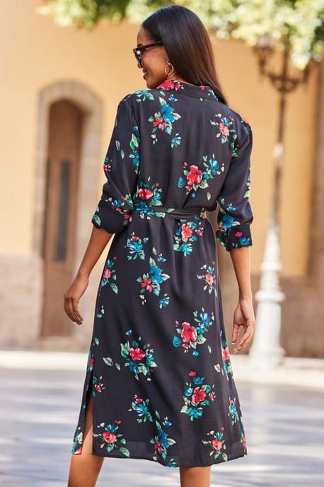 Black Floral Print Belted Midi Shirt Dress