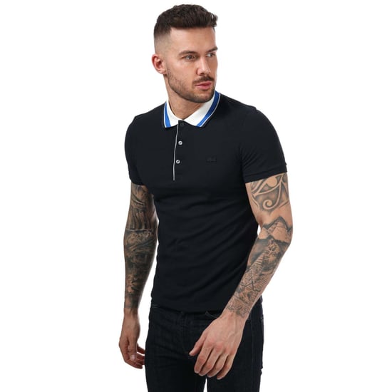 Men's Lacoste Slim Fit Striped Collar Pique Polo Shirt in Navy
