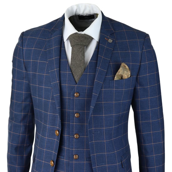 Heren 3-delige Kostuum Blauw Goud Check Peaky Blinders 1920 Gatsby Stijl Vintage Kostuum - Image 3