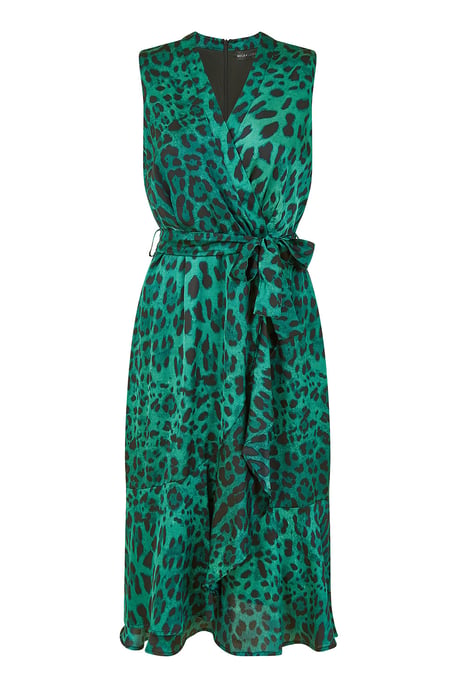 Mela Green Animal Print Satin Wrap Midi Dress