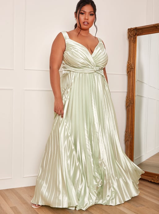 Plus Size Satin Pleated Wrap Maxi Dress in Mint
