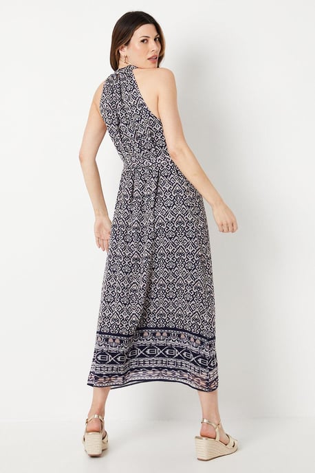 Navy Tile Border Print Belted Midi Dress - Image 3