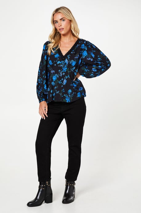 Petite Blue Floral Long Sleeve Lace Trim Button Front Tea Blouse - Image 2