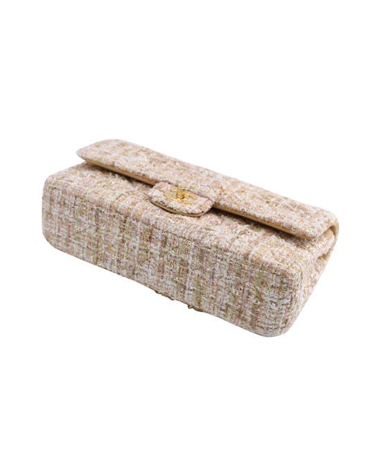 Chanel Classic Flap Shoulder Bag with Gold Tone Metal  in Pastel Pink Tweed and Leather