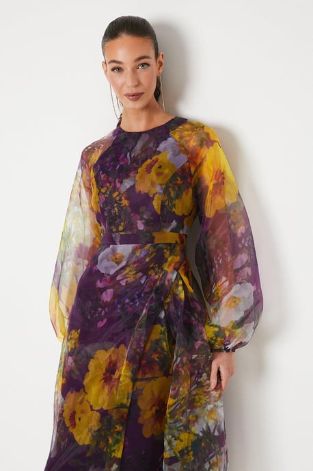 Organza Wrap Waist Puff Sleeve Midi Dress
