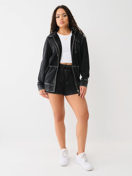 Washed Big T Boyfriend Zip Up Hoodie in Black