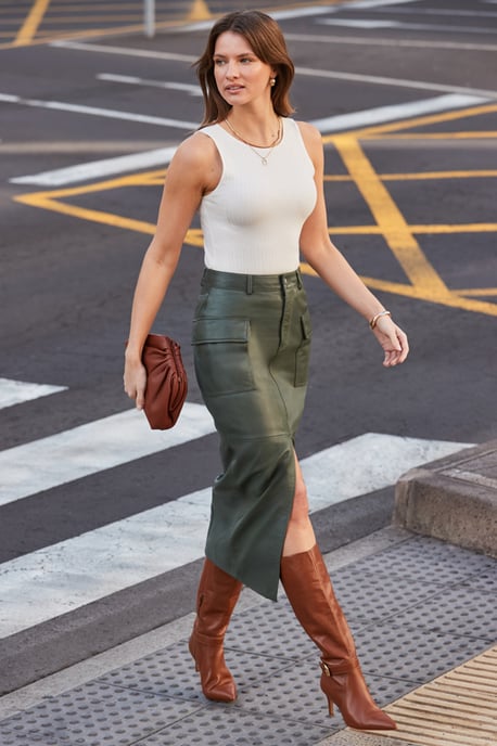 Khaki Green Leather Utility Pencil Skirt