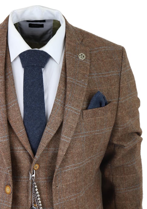 Heren 3-Piece Wollen Pak Eikenbruin Tweed Visgraat Ruit Peaky Blinders Gatsby - Image 4