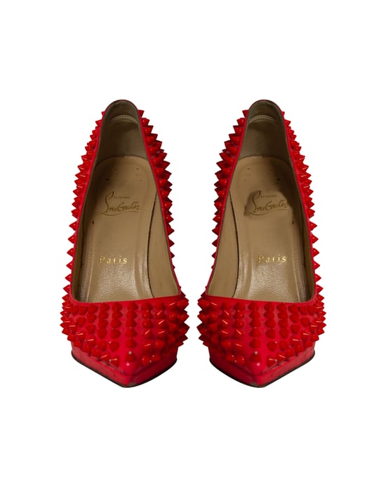 Christian Louboutin Pigalle Plato 120 Spiked Hakken in Neon Rood Patelleer - Image 2