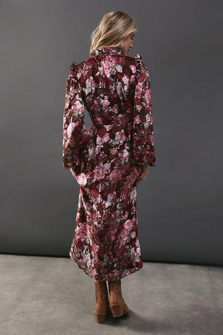 Burnout Floral Devore Frill Shoulder Tie Front Midi Dress - Image 3