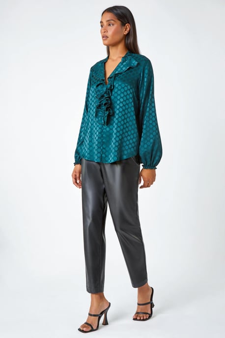 Spot Print Ruffle Trim Stretch Top