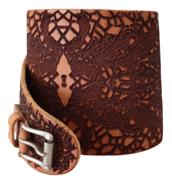 Scervino Street Brown Wide Leather Embroidered Design Logo Women's Belt