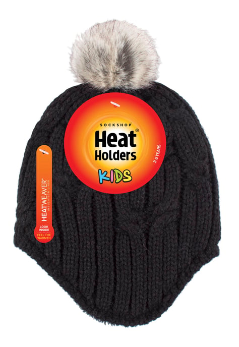 Heat Holders - Kabelgebreide Muts Voor Meisjes Met Pom Pom - Zwart - Image 2